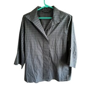 Jarbo Blue Plaid Button Down Shirt 3/4 Length Sleeve Collared Top 100% Cotton